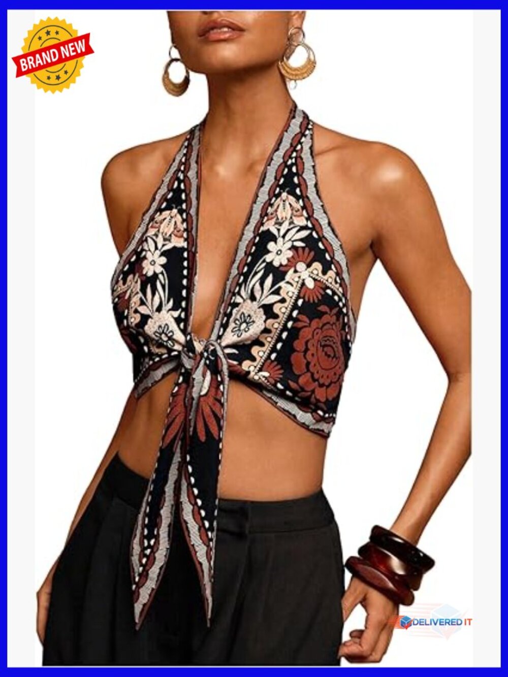 Floral Tie Front Halter Top Backless Sleeveless Crop Top Summer Outing